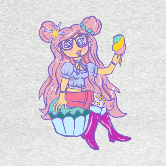 Kawaii Chibi Pastel Girl Sitting On Cupcake Eating Ice Cream by LunaElizabeth